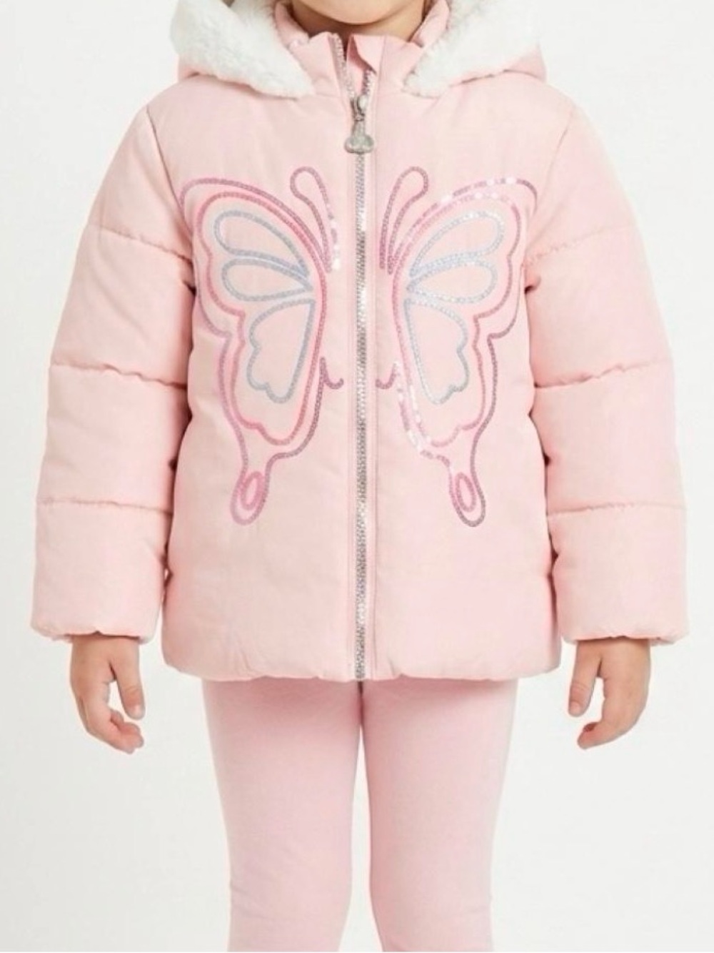 Betsy Johnson Girl’s Crystal Pink Puffer Jacket Sequined Butterfly Winter Coat
